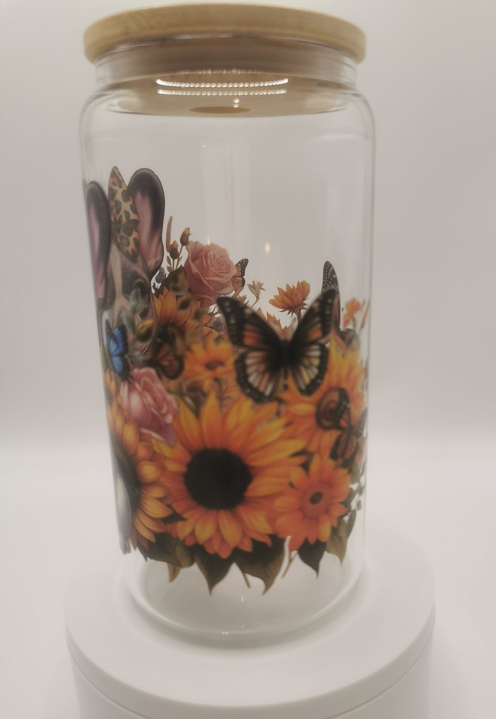 Thumbnail: French bulldog sunflower glass tumbler with bamboo lid, 16oz glass cup featuring Frenchie and sunflower design