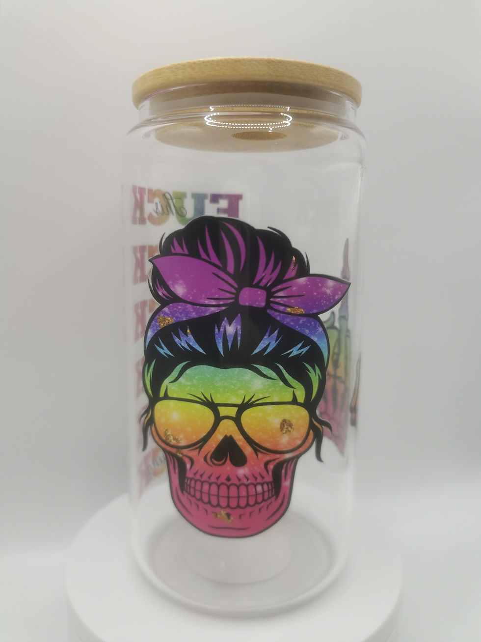 Thumbnail: Funny skull glass tumbler with bamboo lid, 16oz glass cup featuring colourful skull design