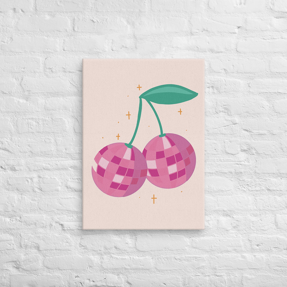 Thumbnail: Fun Disco Fruit Wall Art – Bright Pink Cherry Canvas Print | Trendy | Roseson®