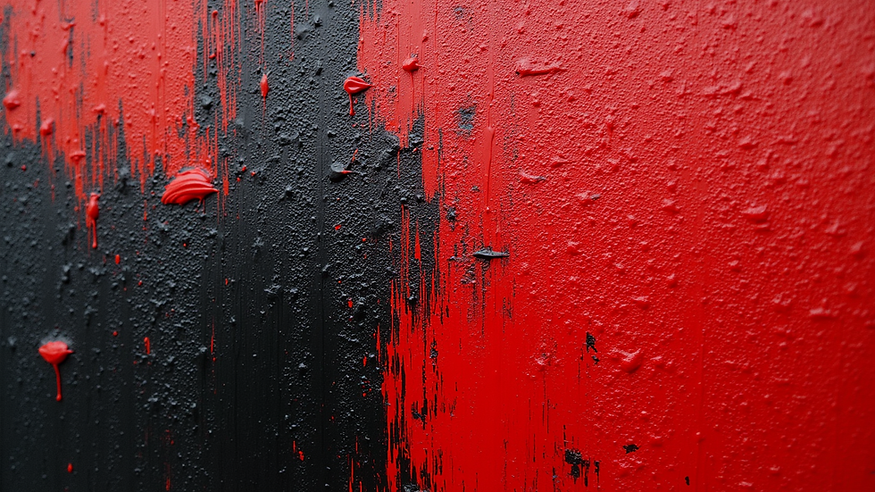 Close-up view of textured abstract canvas art with red and black brush strokes