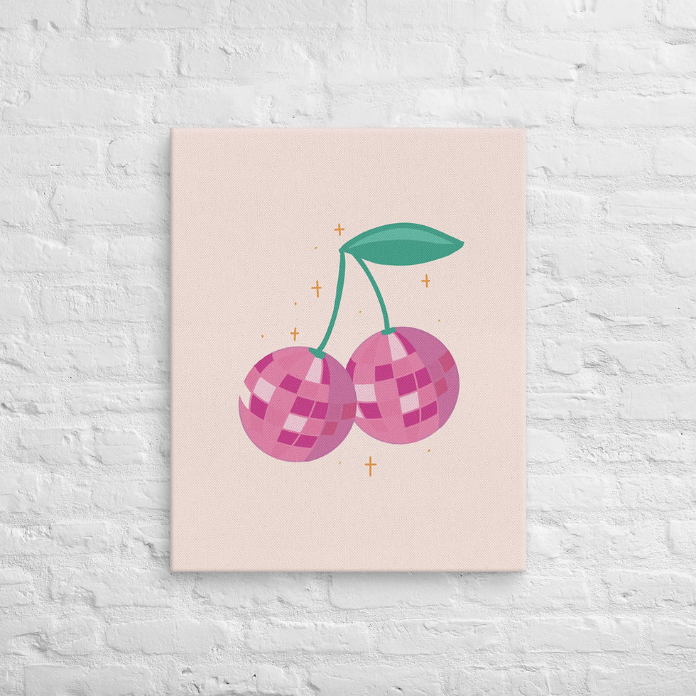 Thumbnail: Fun Disco Fruit Wall Art – Bright Pink Cherry Canvas Print | Trendy | Roseson®