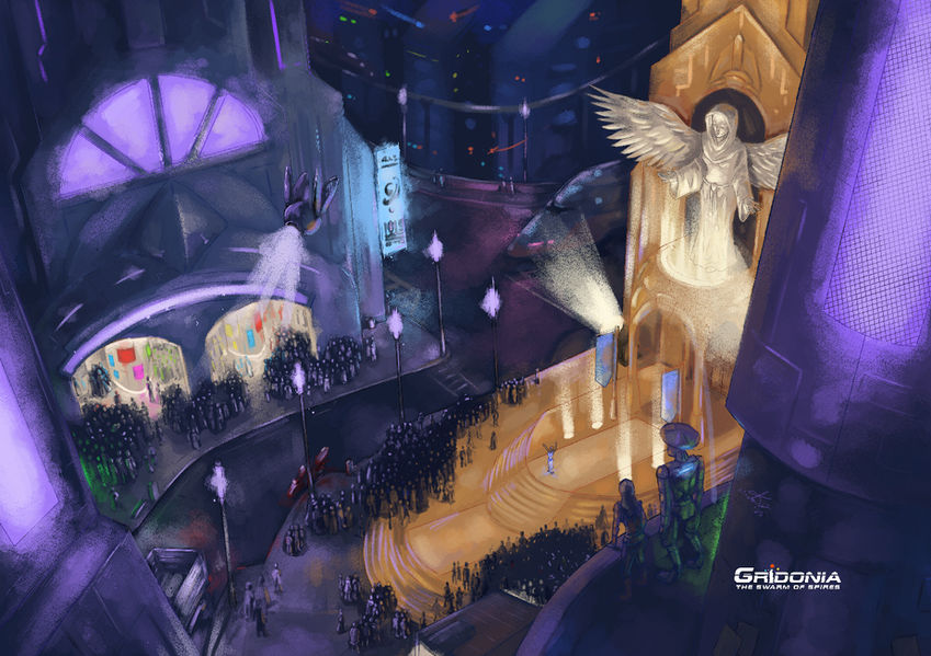 A sci-fi city scape featuring a golden temple near lower levels of a dark street.