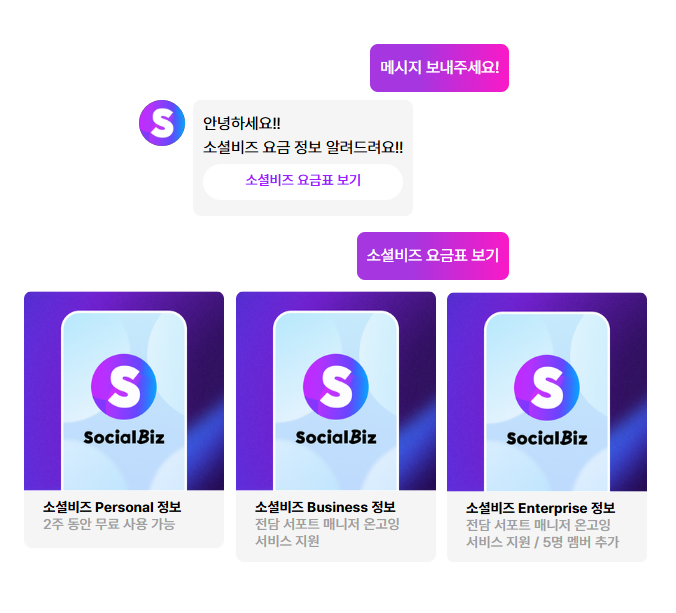 소셜비즈 텍스트+캐러셀 조합 DM 메시지 화면