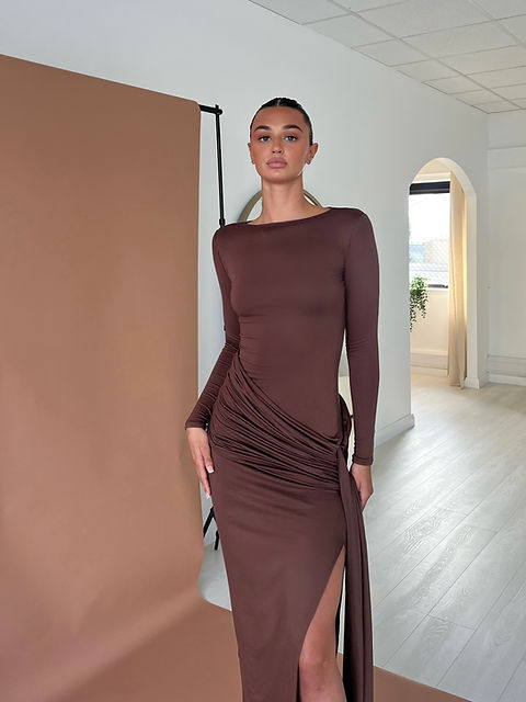 Brown Draped Maxi Dress | B The Label Brown Draped Maxi Dress | B The Label