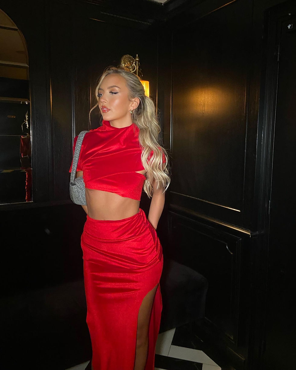 Thumbnail: Red Velour Ruched Maxi Skirt