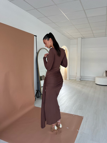 brown knit off the shoulder dress Tanya Off The Shoulder Sweater Maxi Dress (Brown)
