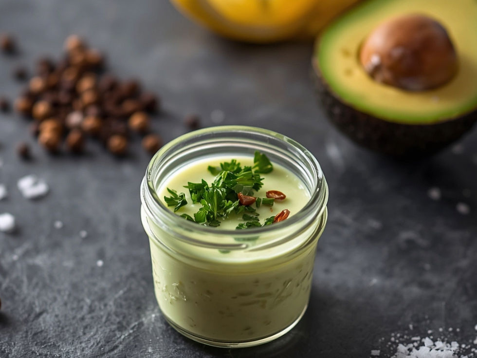 Glas mit Avocadocreme und Petersilie auf dunklem Stein, daneben Avocadohälften, gelbe Frucht, Pfeffer und Salz.