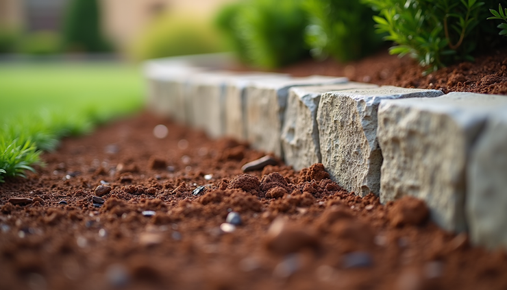 Close-up view of freshly laid garden mulch and stone edging in a Perth backyard using Maddington supplies