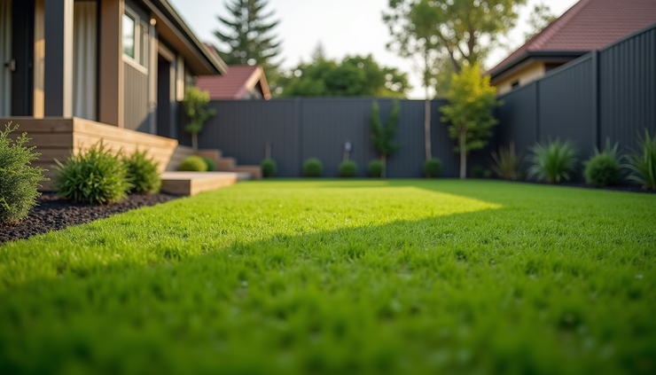 Eye-level view of artificial turf installation in a suburban Perth backyard