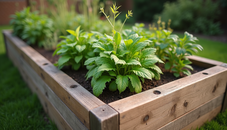 High angle view of a DIY raised garden bed made from recycled timber in a Perth backyard