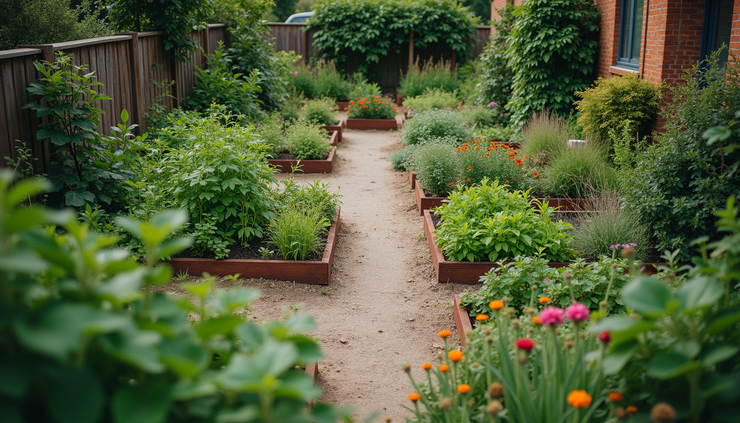 High angle view of a community garden in Maddington with various plants and garden beds