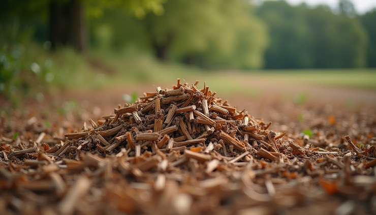 Eye-level view of a pile of fresh tree chip mulch ready for landscaping use