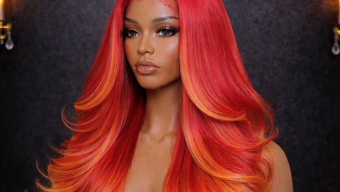 Bright red and orange ombre wig with long layers and volume