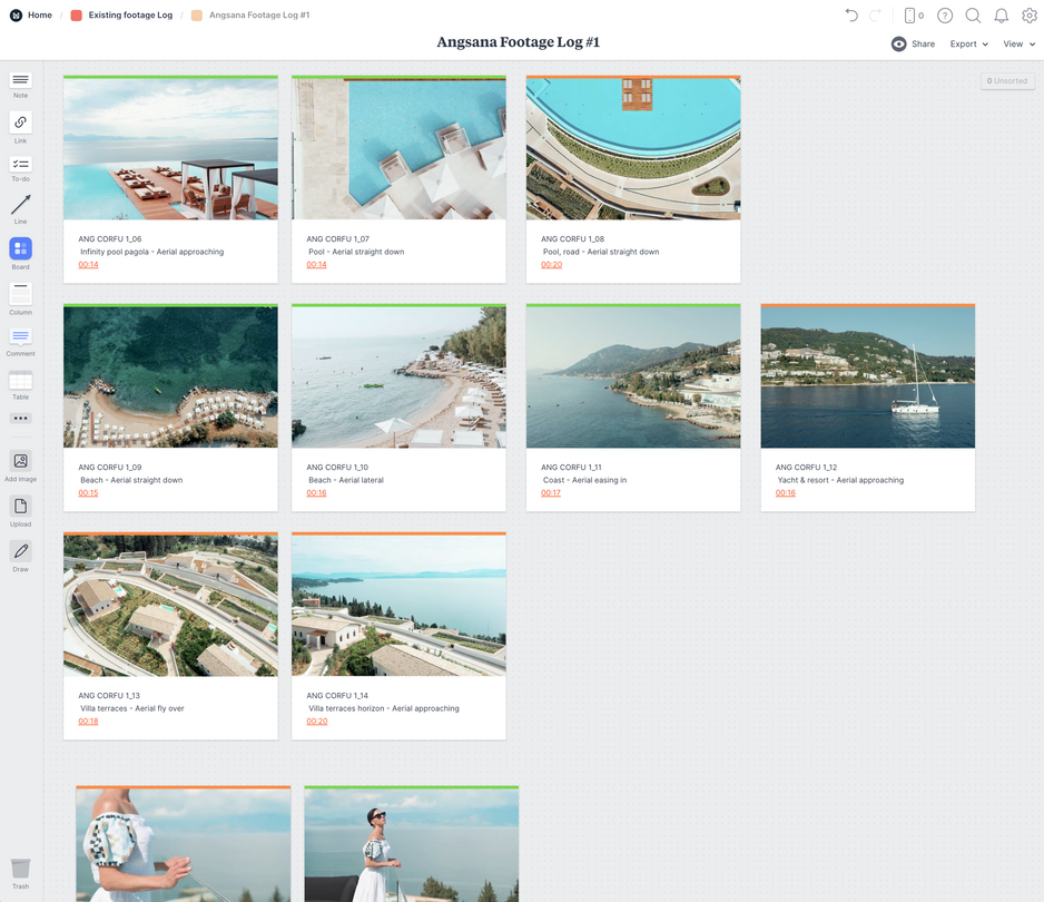 b) Welcome to my desktop. Today I'm using Milanote to perform a brand asset audit. That's scary language for rating thousands of shots of sun lounges and the models using them (while the rain runs down my window).