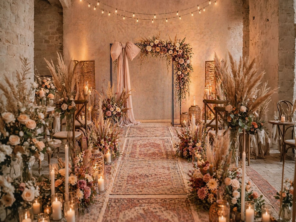 Elegant wedding décor with candlelit aisle, floral arch, pampas grass
