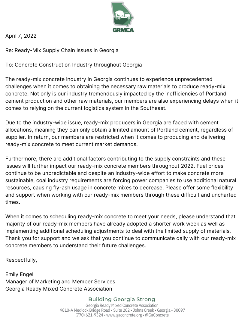 Important Message Concrete Supply Chain Issues in