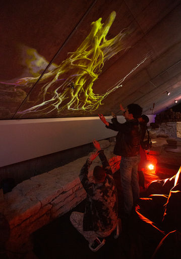 Overhead projection of mossy textures and root forms, shifting in real time with viewer’s body.