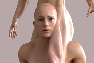 Sutures exhibition view with synchronized moving image on TVs and conceptual body prints referencing post-Soviet identity