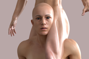 Sutures exhibition view with synchronized moving image on TVs and conceptual body prints referencing post-Soviet identity