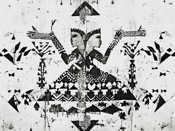 Motif of a doubled female figure evoking balance and forgotten cosmologies of indigenous cultures.
