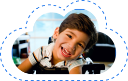 Smiling young boy in a wheelchair, framed in a cloud-shaped border.