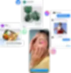 Mobile interface mockup showcasing Meta Ads across Facebook, Instagram, Messenger, and WhatsApp, with product images, messages, and social interactions.