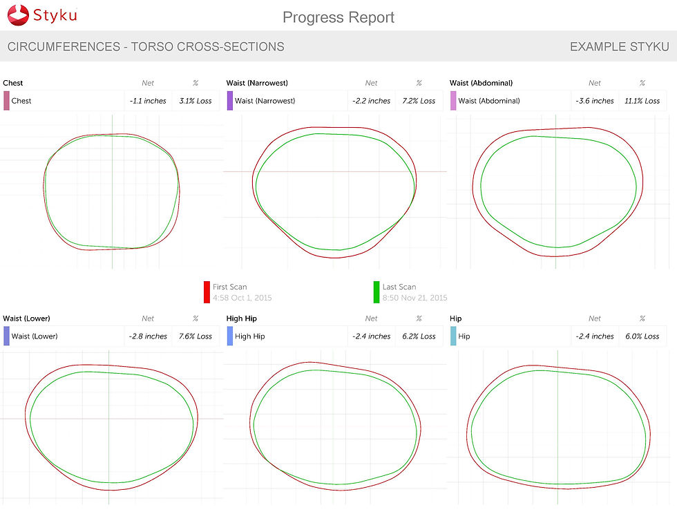 Progress Report displays various body cross sections and measurements with Styku 3D Scanning technology.
