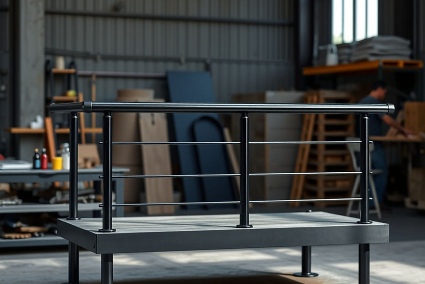 various different types of modern steel handrails, powder coated black on manufacturing ta