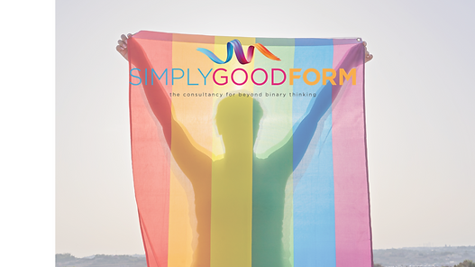 Words Simply Good Form in blue pink and orange overlay the shadow of a person holding PRIDE flag