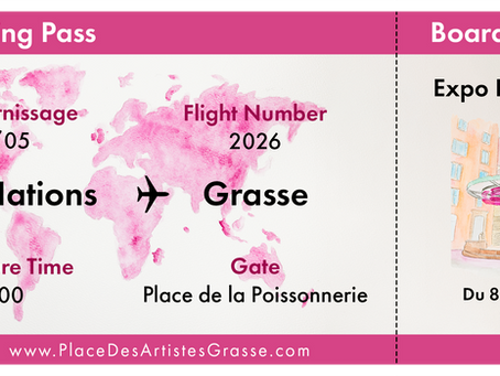 carte d'embarquement, boarding pass pour annoncer le vernissage de l'événement créé par Place des Artistes Grasse pour Exporose 2026 