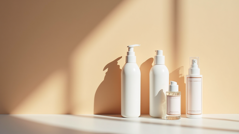 Eye-level view of a clean beauty product display with natural skincare bottles
