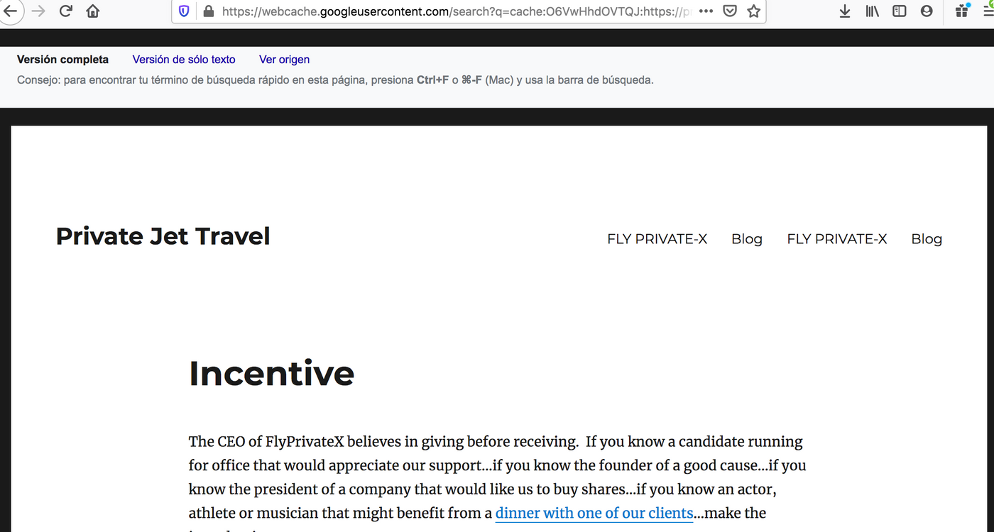 A cache image of Fly Private X captured in 2021.