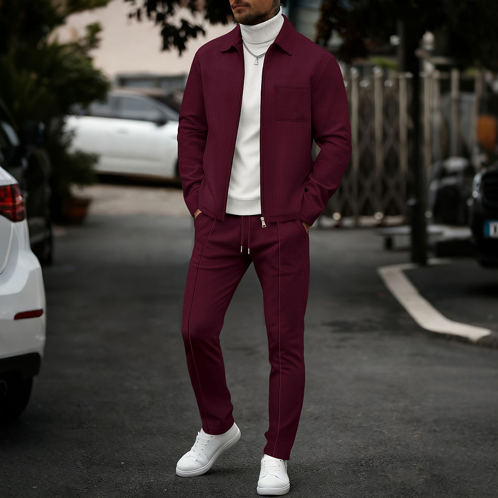 Thumbnail: Men's two-piece casual suit, waffle texture jacket and trousers set, plain color