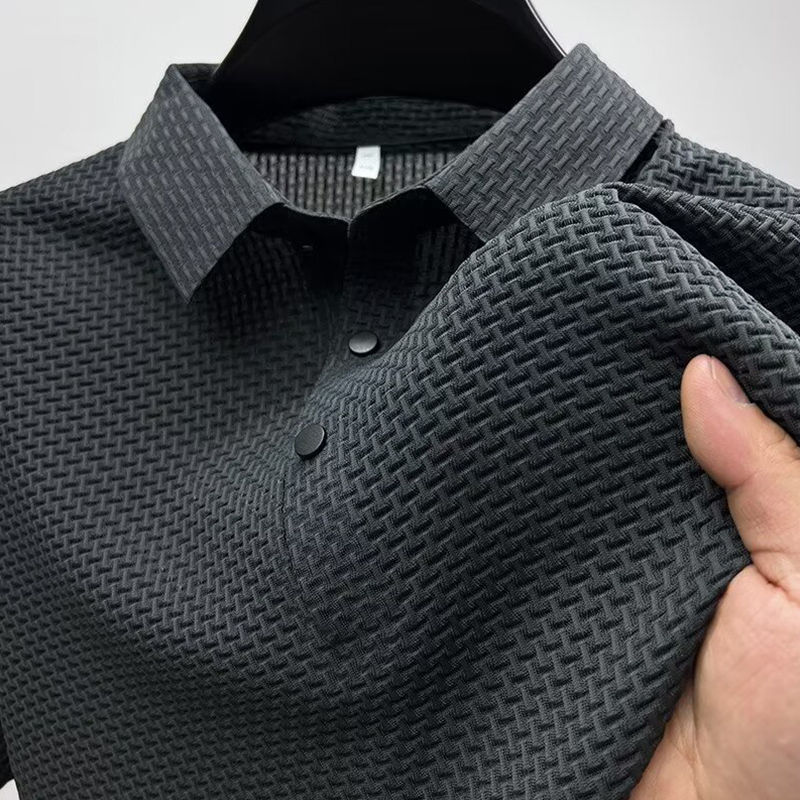 Thumbnail: New Men's Business Casual Short Sleeved Bone Flower Solid Color POLO Shirt Fashi