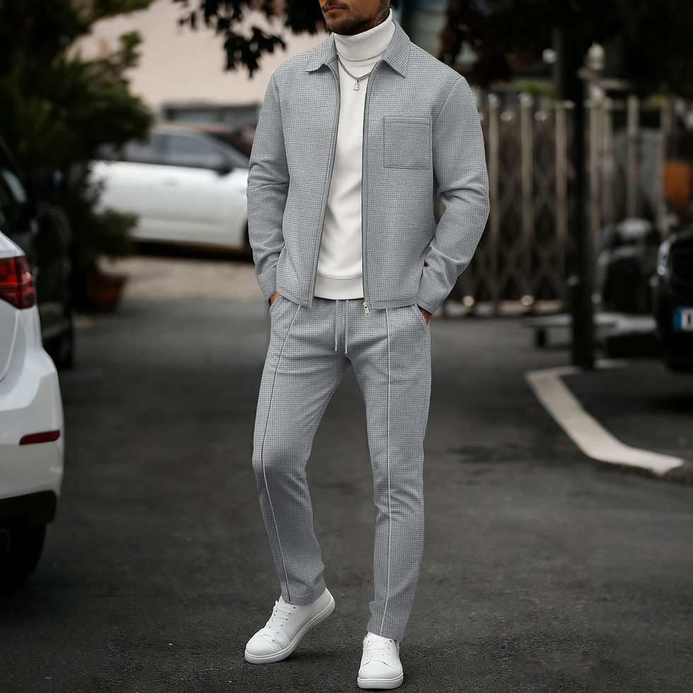 Thumbnail: Men's two-piece casual suit, waffle texture jacket and trousers set, plain color