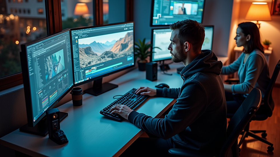 High angle view of a video editing workstation with multiple screens