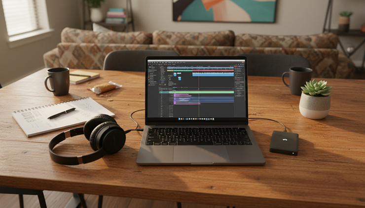 Overhead view of a laptop showing a video timeline on a dining table in a Dallas apartment.