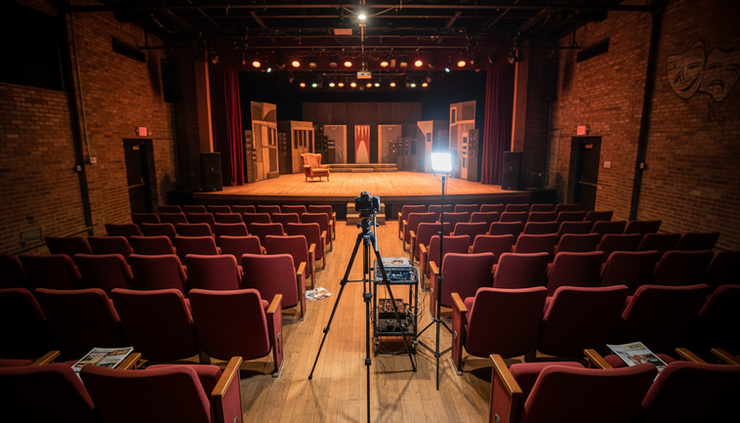 Wide-angle view of a small community theater stage with a camera tripod and video gear in the aisle.
