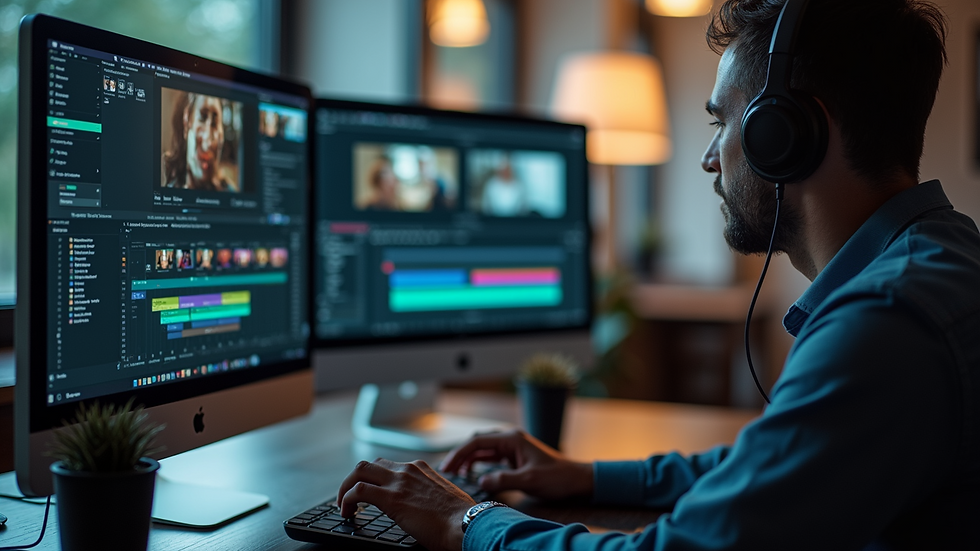 Close-up view of a film editor working on a computer with video editing software
