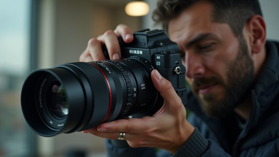 Close-up of a camera operator adjusting a lens