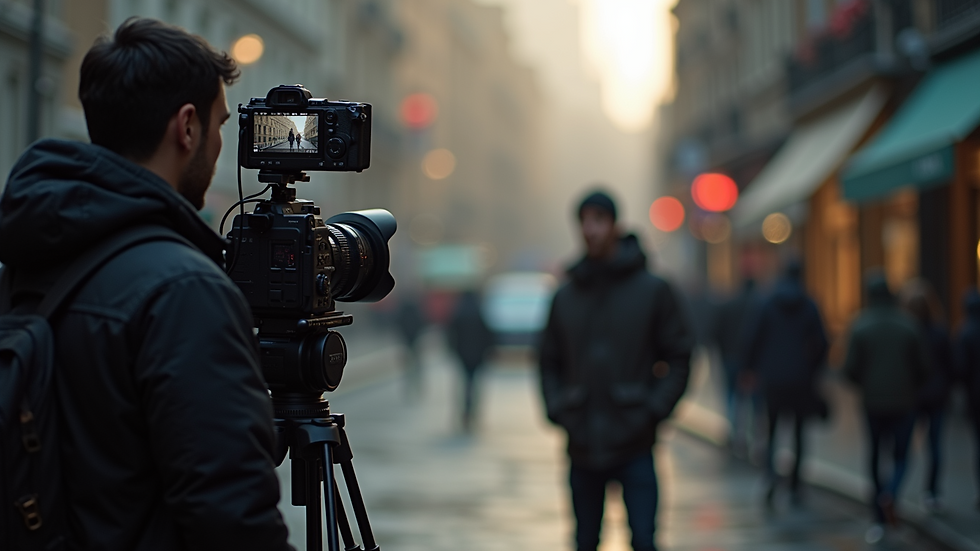 Close-up of a camera filming a subject on set