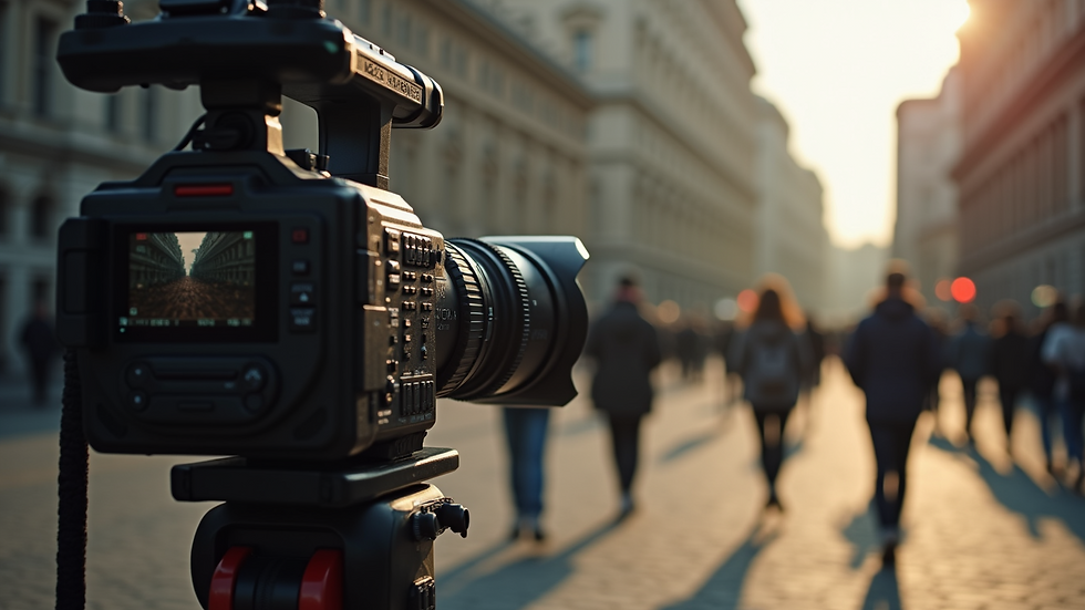 Eye-level view of a professional video camera on a tripod
