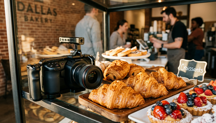 Low-angle view of a video camera set beside fresh pastries in a bakery display case