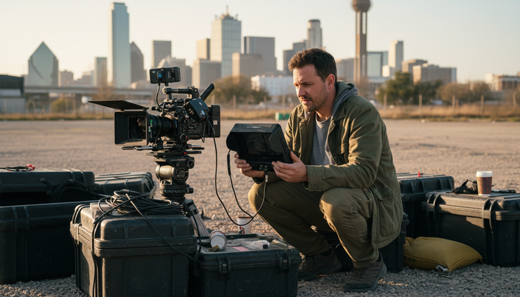 Eye-level view of a director checking a shot on a field monitor