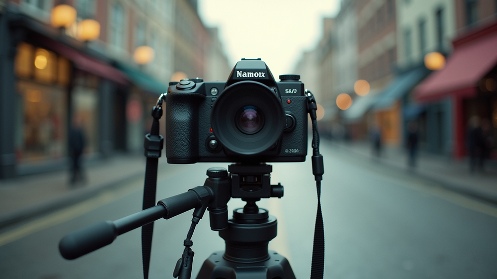 Eye-level view of a film camera on a tripod during a shoot
