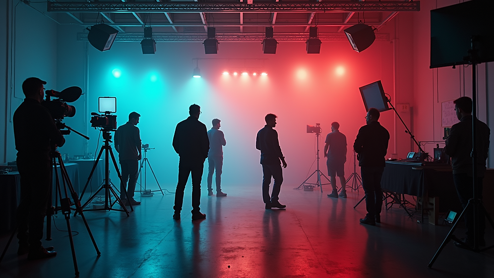 High angle view of a film set with lighting equipment and camera crew