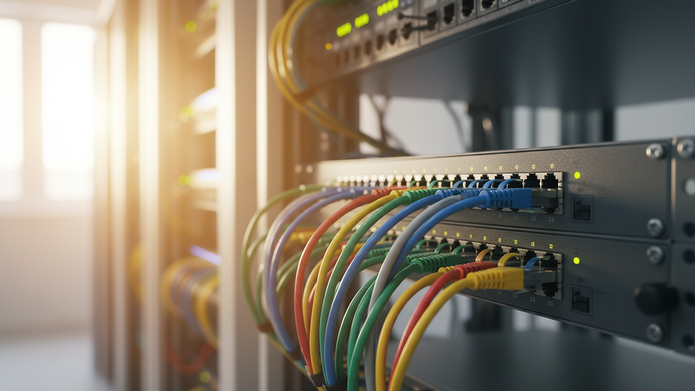 Close-up of a network switch with connected cables in a server room