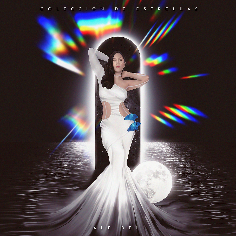 Portada de Ale Beli: mujer en vestido blanco ante un arco luminoso, con reflejos arcoíris y luna sobre agua. Colección de Estrellas.