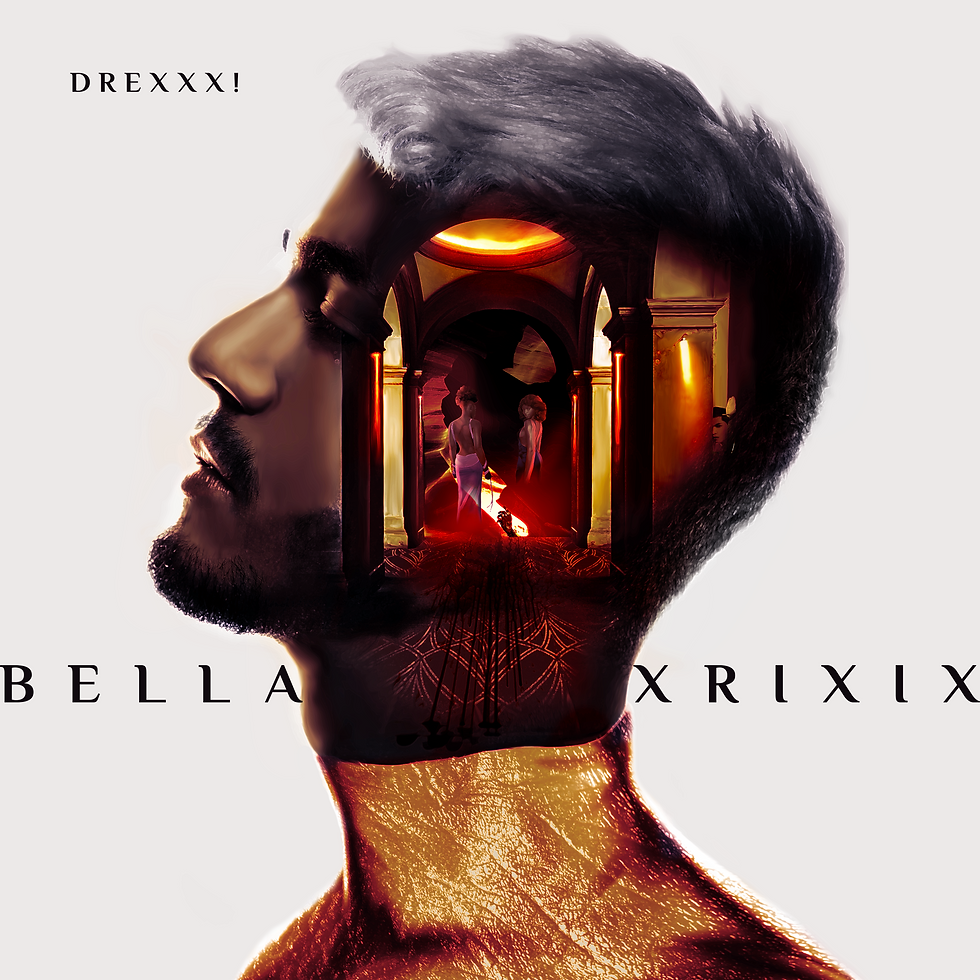 Perfil masculino con escena surrealista roja y dorada dentro de la cabeza; texto DREXXX! y BELLA XRIXIX sobre fondo blanco.