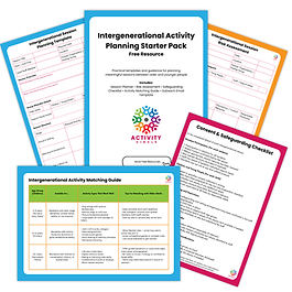 Free 10-page starter pack with practical templates and guidance for planning intergenerational sessions, including a session planner, risk assessment, safeguarding checklist, children’s preparation checklist, activity matching guide and outreach email template.